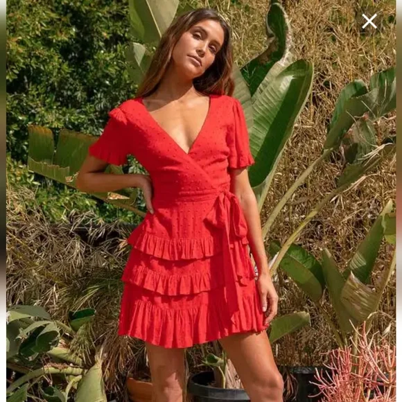 knee length dresses for ladies Cami Angel Sleeve Faux Wrap Dress Red– Selfie Leslie main image 1